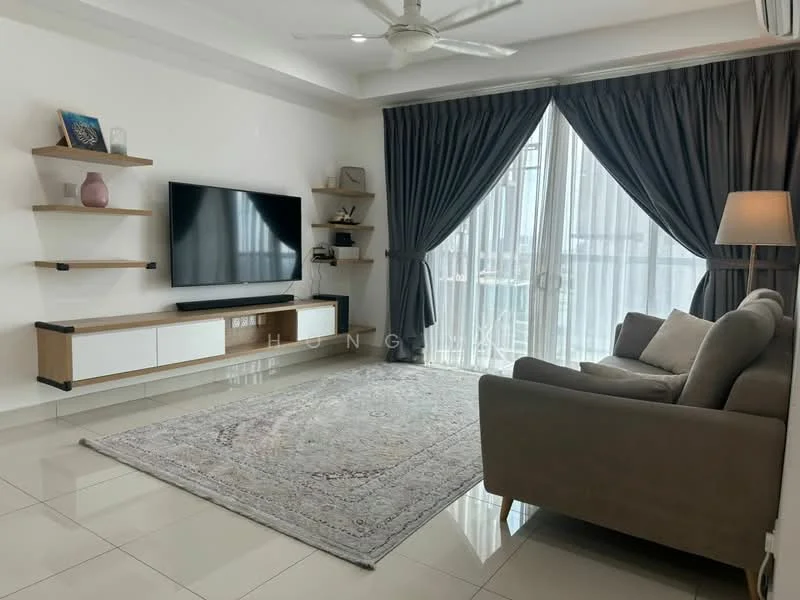Living features: 3-seater fabric sofa in grey, coffee table, wall-mounted TV, TV console with storage, area rug with geometric pattern, floor-to-ceiling windows, sheer curtains, ceiling fan with light, light-colored walls, glossy tile flooring; style: modern; view: city.