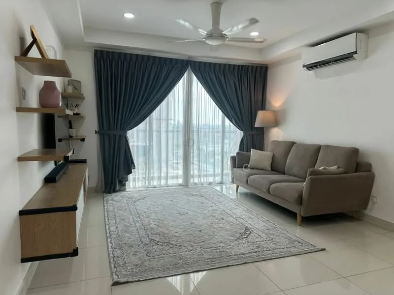 Living features: 3-seater fabric sofa in light grey, area rug with intricate pattern, wall-mounted TV console in wood, floor-to-ceiling windows with sheer curtains, ceiling fan with light, wall-mounted light fixture, decorative lamp on side table, decorative wall shelf, white painted walls, glossy tile flooring; style: modern; view: city.