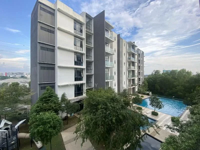 Exterior type: mid-rise condominium; features: white painted facade, grey accent wall, glass balcony railings, landscaped garden with trees, infinity pool, pool deck with loungers, surrounded by greenery, urban skyline in background; style: modern.