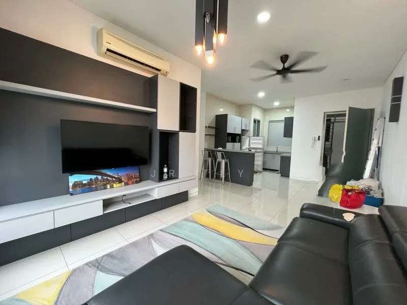 Living features: black leather sofa, wall-mounted TV, white and grey cabinetry, recessed downlights, 5-blade ceiling fan, air conditioning unit, glossy white tile flooring, decorative area rug with abstract pattern; style: modern. Kitchen features: open kitchen layout, stainless-steel fridge, white cabinetry, grey countertops, bar stools, kitchen island, wall-mounted cabinets; style: modern.