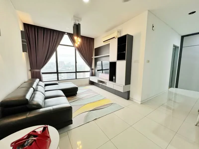 Living features: black leather sectional sofa, area rug with geometric pattern, wall-mounted TV unit with storage, large floor-to-ceiling windows, curtains in dark purple, recessed downlights, white painted walls, glossy white tile flooring, wall-mounted air conditioning unit, decorative pendant light; style: modern; view: city.