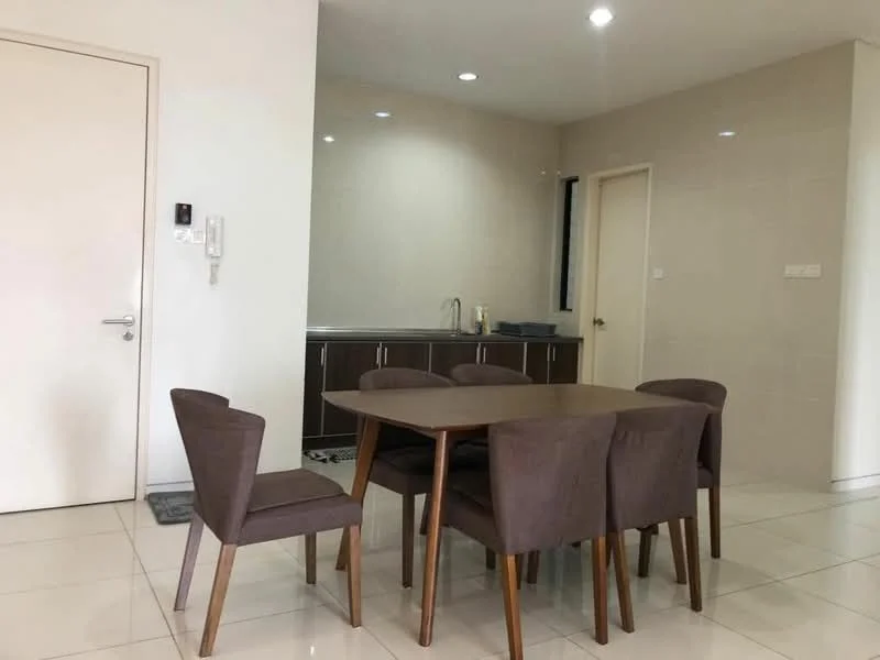 Dining features: rectangular dining table, 4 upholstered dining chairs in brown, white tiled flooring, light grey painted walls, kitchenette with sink, dark wood cabinetry, recessed downlights, window with natural light; style: modern.