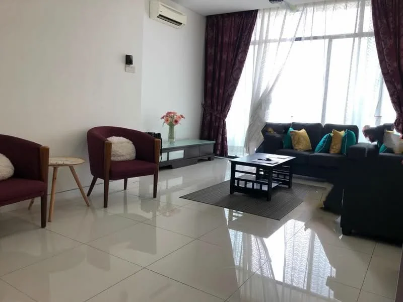 Living features: white painted walls, glossy ceramic tile flooring, 5-blade ceiling fan with light, floor-to-ceiling windows, sheer curtains, dark purple curtains, 3-seater fabric sofa in dark blue, decorative cushions in various colors, coffee table, 2 armchairs in dark purple, side table with white cushion, area rug with geometric pattern; style: modern; view: city.