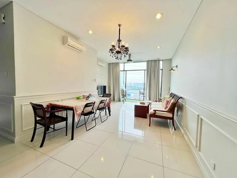 Living features: white painted walls, glossy tile flooring, chandelier, recessed downlights, floor-to-ceiling windows, curtains, sofa with cushions, coffee table, dining table with chairs, decorative wall sconce; style: modern; view: city.