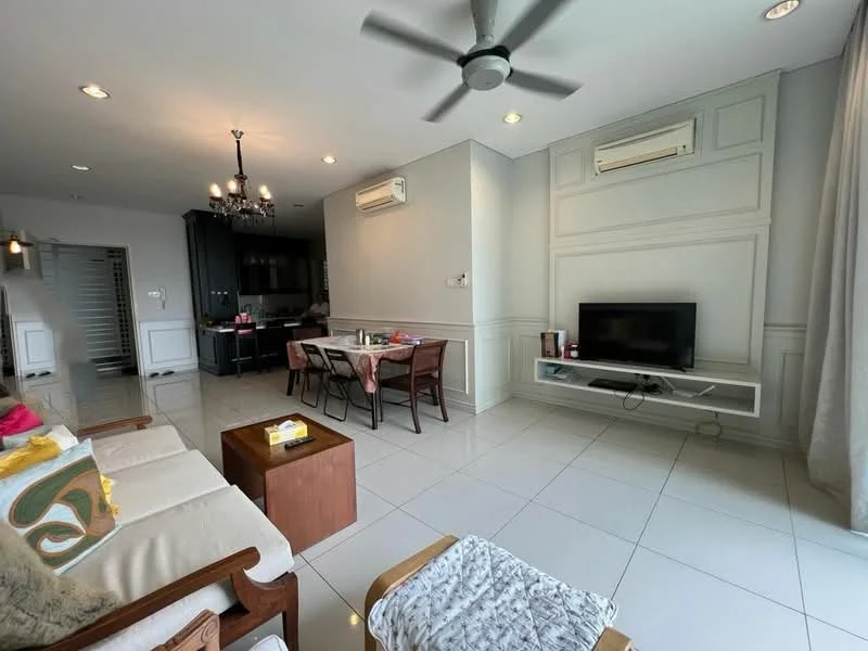 Living features: white painted walls, glossy tile flooring, 5-blade ceiling fan with light, chandelier, wall-mounted TV, TV console, sofa with cushions, wooden coffee table, dining table with chairs, air conditioning unit, large windows with sheer curtains; style: modern.