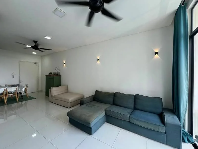 Living features: 3-seater fabric sofa in dark blue, L-shape sectional sofa, light-colored chaise lounge, white painted walls, glossy white tile flooring, recessed downlights, 2 wall sconces, floor-to-ceiling windows with sheer curtains, ceiling fan with 3 blades, green cabinet, dining table with wooden chairs; style: modern.
