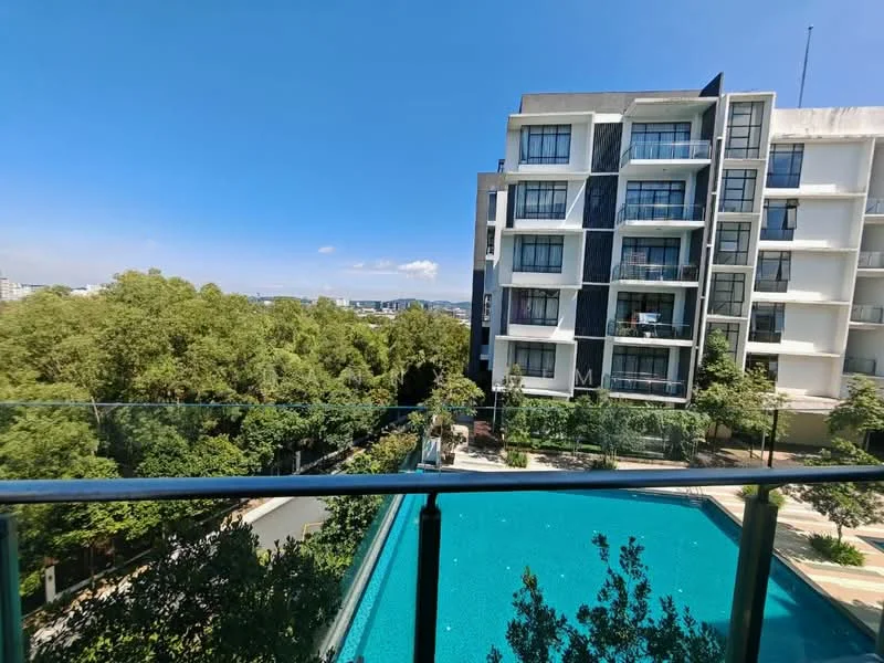 Exterior type: high-rise condominium; features: glass balcony railing, infinity pool, landscaped garden, surrounding greenery, modern architectural design, multiple storeys, clear blue sky, city skyline in background; style: modern.