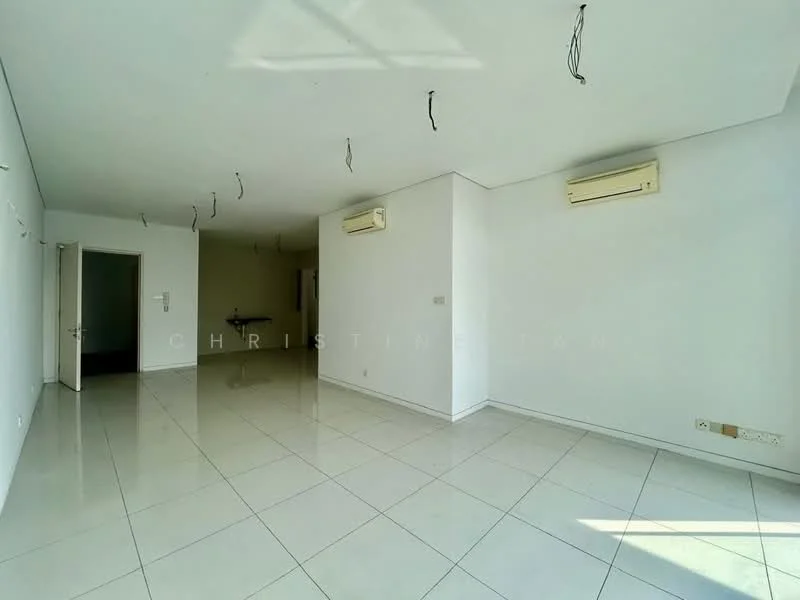 Room features: white painted walls, glossy white tile flooring, 2 wall-mounted split AC units, ceiling with exposed wiring, no visible furniture or decor, large windows for natural light; style: minimalist.