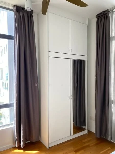 Room features: white built-in wardrobe with mirrored doors, floor-to-ceiling windows, grey curtains, wooden flooring, ceiling fan; style: modern.