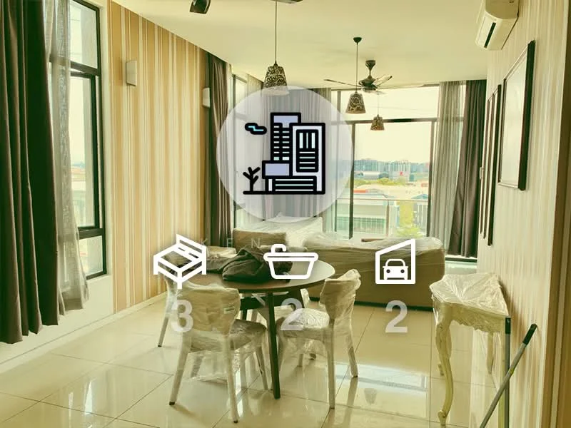 Living features: floor-to-ceiling windows, grey sofa, 3-blade ceiling fan, dining table with 4 chairs, white ceramic tile flooring, light brown accent wall, curtains, decorative wall art, view of city skyline; style: modern; view: city.