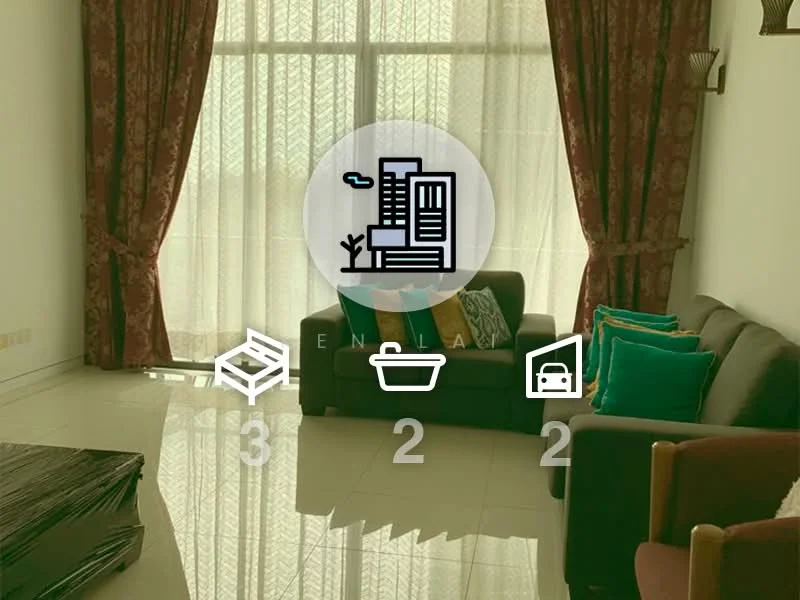 Living features: large floor-to-ceiling windows, curtains with floral pattern, 3-seater fabric sofa in dark grey, accent cushions in various colors, wooden armchair, coffee table, polished tile flooring, decorative wall art, area rug with geometric pattern; style: modern.