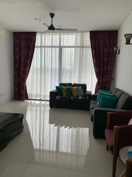 Living features: 3-seater fabric sofa in grey, 2-seater armchair in maroon, decorative cushions in various colors, floor-to-ceiling windows, sheer curtains, dark red patterned curtains, polished ceramic tile flooring, ceiling fan, wall-mounted air conditioning unit, decorative wall shelf; style: modern.