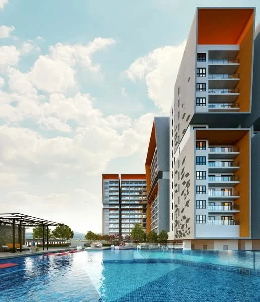 Exterior type: high-rise condominium; features: swimming pool with blue mosaic tiles, multiple storeys, balconies with glass railings, landscaped garden area, outdoor seating area, modern architectural design, orange accent elements, large windows, surrounding greenery, pool deck with loungers; style: modern.
