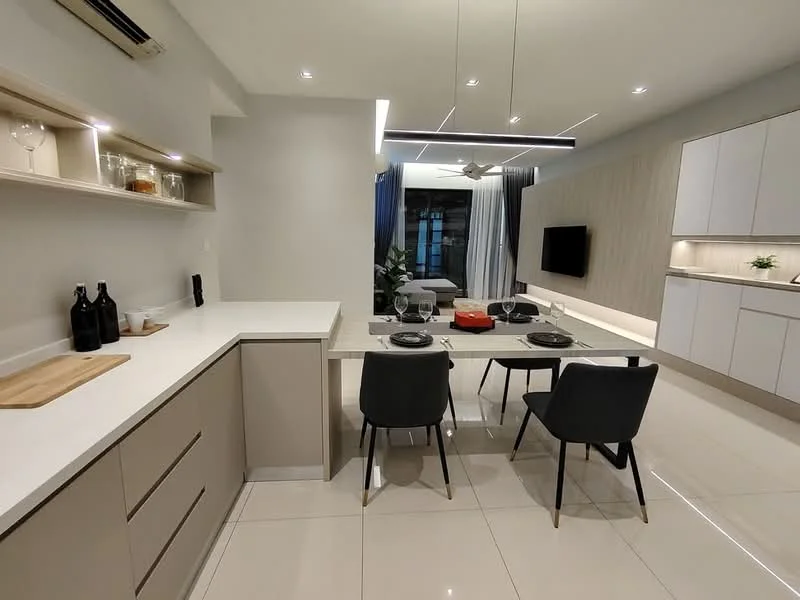 Dining features: white quartz countertop, light wood cabinetry, 4-seater dining table, black upholstered dining chairs, wall-mounted TV, recessed LED downlights, pendant light fixture, floor-to-ceiling windows, grey curtains, cream tiled flooring, decorative wall paneling, open shelving with glassware; style: modern; view: garden. Kitchen features: white cabinetry, built-in oven, stainless-steel sink, chrome pull-down faucet, ceramic cooktop, open shelving, wine bottles on countertop; style: modern.