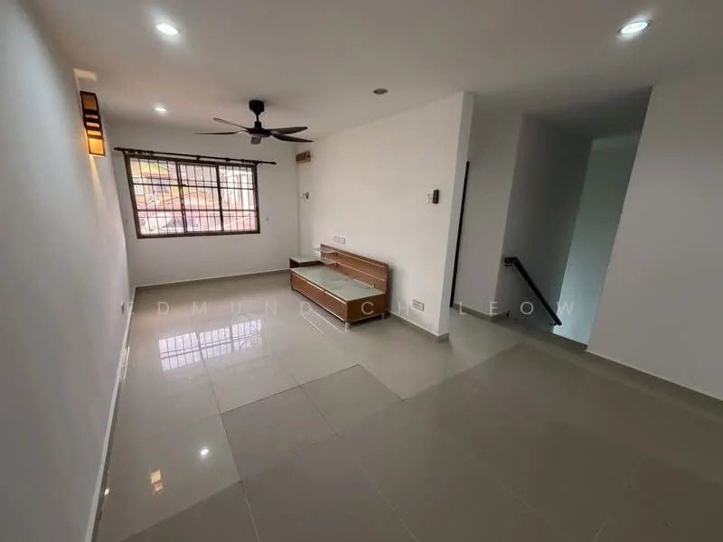 Living features: white painted walls, glossy ceramic tile flooring, ceiling fan, recessed LED downlights, large window with grid pattern, built-in wooden bench, staircase leading to upper floor, neutral color palette; style: modern.
