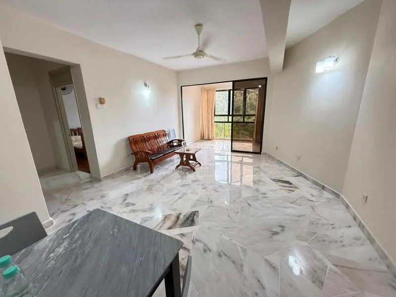 Living features: marble tile flooring, cream painted walls, ceiling fan, large sliding glass door, floor-to-ceiling windows, wooden sofa set, coffee table, natural light from windows; style: modern; view: garden. Room features: cream painted walls, marble tile flooring.