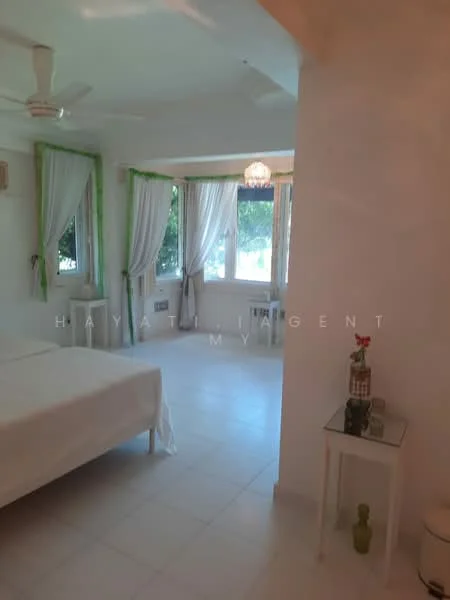 Bedroom features: white walls, white ceiling, 5-blade ceiling fan, large windows with sheer curtains, tile flooring, double bed with white bedding, side table with decorative items, air conditioning unit; style: modern; view: garden.