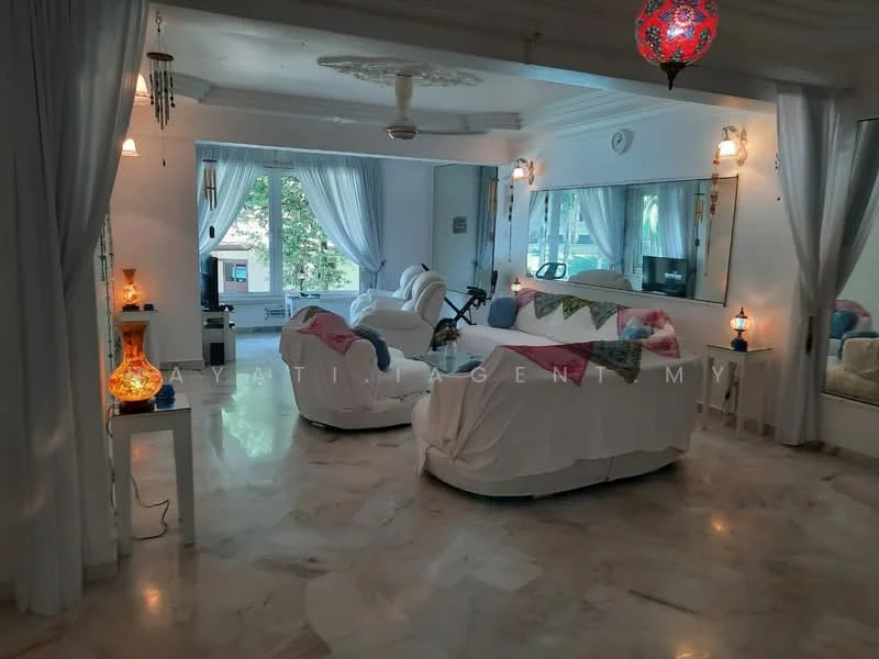 Living features: white painted walls, marble flooring, tray ceiling, floor-to-ceiling windows, sheer curtains, 2 white fabric sofas, decorative cushions, coffee table, wall-mounted mirror, hanging lanterns, area rug, potted plants; style: modern; view: garden.