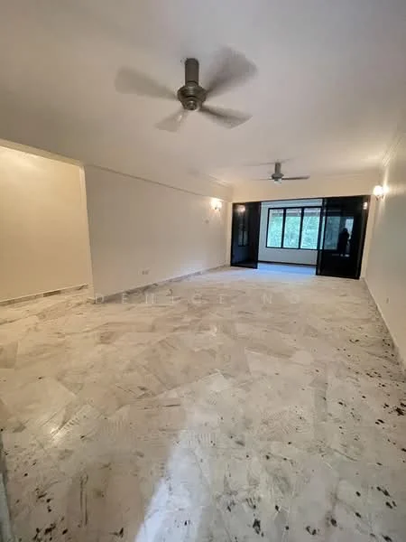 Living features: marble flooring, white painted walls, 5-blade ceiling fan, recessed downlights, floor-to-ceiling windows, sliding glass door, wall sconces, open layout; style: modern; view: garden.