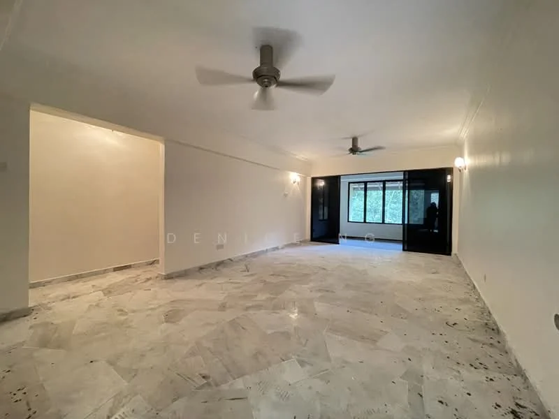 Living features: marble flooring, white painted walls, 5-blade ceiling fan, recessed downlights, floor-to-ceiling windows, sliding glass door, blackout curtains, natural light, open layout; style: modern; view: garden. Room features: white painted walls, marble flooring.