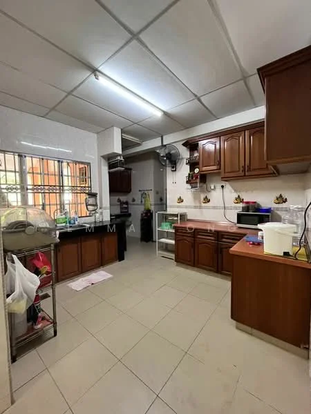 Kitchen features: brown wooden cabinetry, white tiled backsplash, pink countertop, stainless-steel sink, chrome faucet, built-in microwave, freestanding range oven, refrigerator, open shelving, metal storage rack, ceramic tile flooring, ceiling fan, window with metal grille; style: traditional.