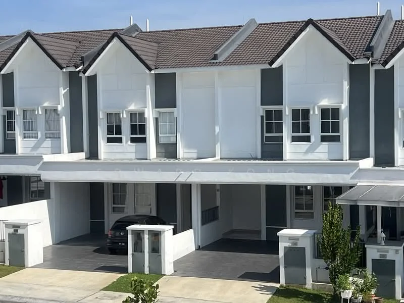 Exterior type: linked terrace house; features: two-storey building, white painted facade, grey accent walls, pitched tile roof, car porch with awning, manicured lawn, front driveway, multiple windows, covered entrance, visible parking space; style: modern.