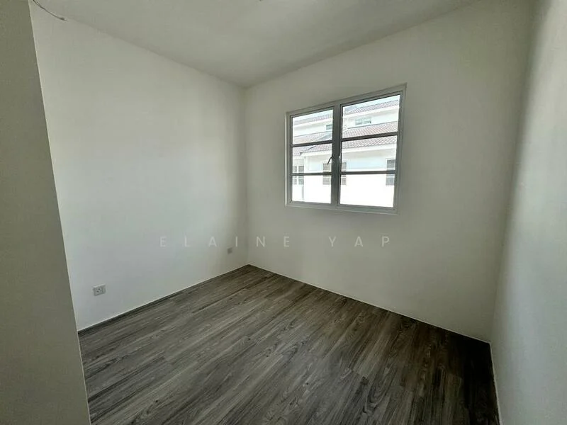 Room features: white painted walls, laminate flooring, single window, no visible furniture.