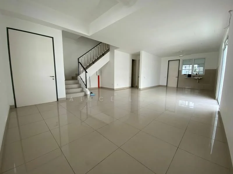 Living features: white painted walls, glossy ceramic tile flooring, recessed downlights, sliding glass door, floor-to-ceiling windows, staircase with metal railing, open layout, neutral color scheme; style: modern. Room features: white painted walls, glossy ceramic tile flooring, recessed downlights.