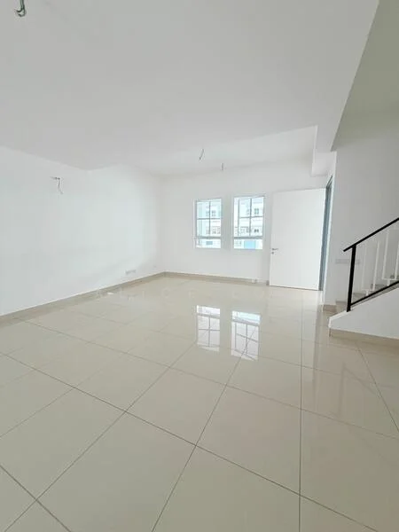 Room features: white painted walls, glossy ceramic tile flooring, two windows with white frames, plain ceiling, door leading to another room, staircase with black railing, neutral color scheme, brightly lit space; style: modern.