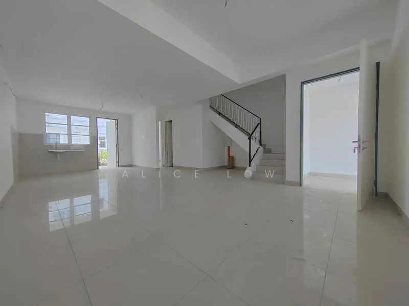 Living features: white painted walls, polished ceramic tile flooring, large windows allowing natural light, open layout, staircase leading to upper floor, doorway leading to another room, no visible furniture, neutral color scheme; style: modern.
