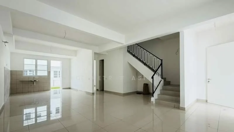 Living features: white painted walls, polished ceramic tile flooring, exposed ceiling beams, large windows, staircase with metal railing, open layout, corner space for furniture, natural light from windows; style: modern; view: garden. Kitchen features: white tiled backsplash, single-bowl stainless-steel sink, kitchen cabinetry, counter space, floor-to-ceiling windows; style: modern; view: garden.