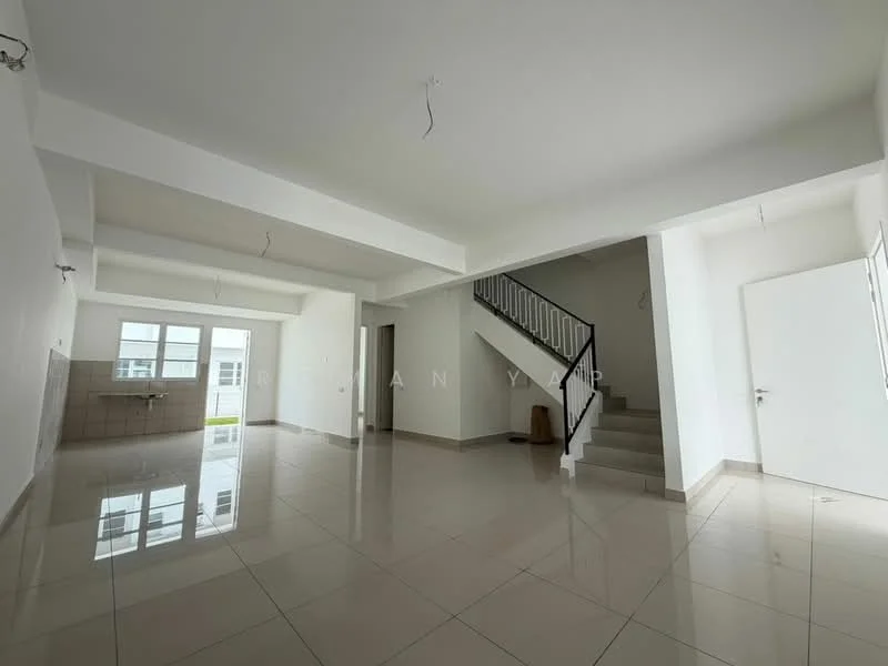 Room features: white painted walls, polished ceramic tile flooring, exposed ceiling beams, staircase with metal railing, large windows for natural light, open layout, kitchen area with tiled backsplash, door leading to exterior; style: modern.