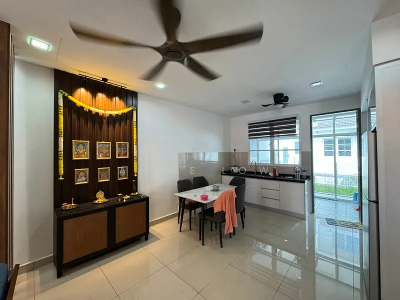 Dining features: white painted walls, glossy ceramic tile flooring, 5-blade ceiling fan, dining table for 4, black dining chairs, decorative wall with framed artwork, kitchen cabinetry, stainless-steel refrigerator, window with blinds, countertop with backsplash; style: modern; view: garden.