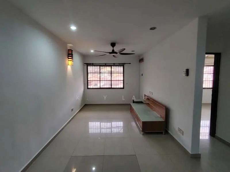 Living features: white painted walls, glossy ceramic tile flooring, 5-blade ceiling fan with light, recessed downlights, wall-mounted TV console, large window with grid pattern, blackout curtains, wooden feature wall, open layout; style: modern.