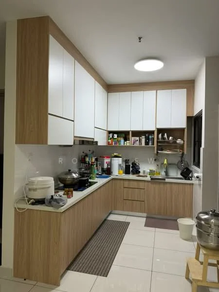 Kitchen features: light wood cabinetry with white upper cabinets, white countertop, stainless-steel sink, chrome pull-down faucet, built-in stove, microwave, rice cooker, various kitchen appliances, open shelving with jars and bottles, tile flooring, recessed ceiling light, window with view to the outside; style: modern.