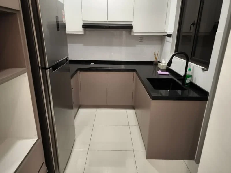 Kitchen features: stainless-steel fridge, black granite countertop, light grey lower cabinets, white upper cabinets, single-bowl black sink, chrome pull-down faucet, white tiled backsplash, ceramic tile flooring, recessed downlights, window with black frame; style: modern.
