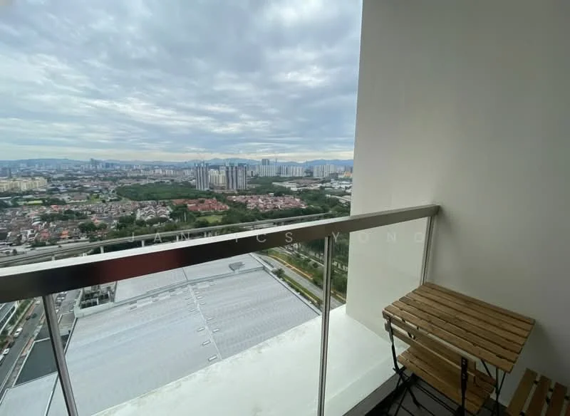 Room features: glass balcony railing, wooden outdoor table, city skyline view, cloudy sky, concrete floor; style: modern; view: city.