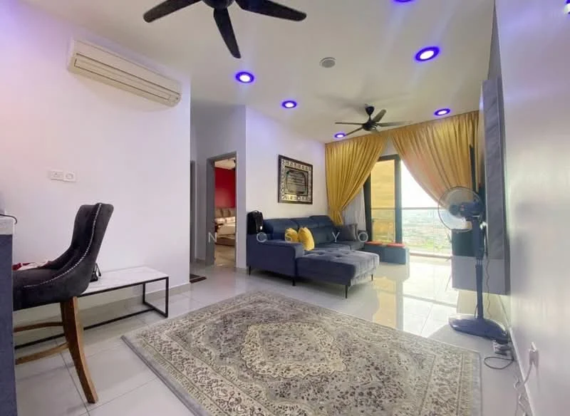 Living features: grey fabric sofa, 2-seater sofa, black armchair, coffee table, area rug with intricate pattern, floor-to-ceiling windows, curtains in yellow, recessed LED downlights, 2 ceiling fans, wall-mounted TV, air conditioning unit; style: modern; view: city.