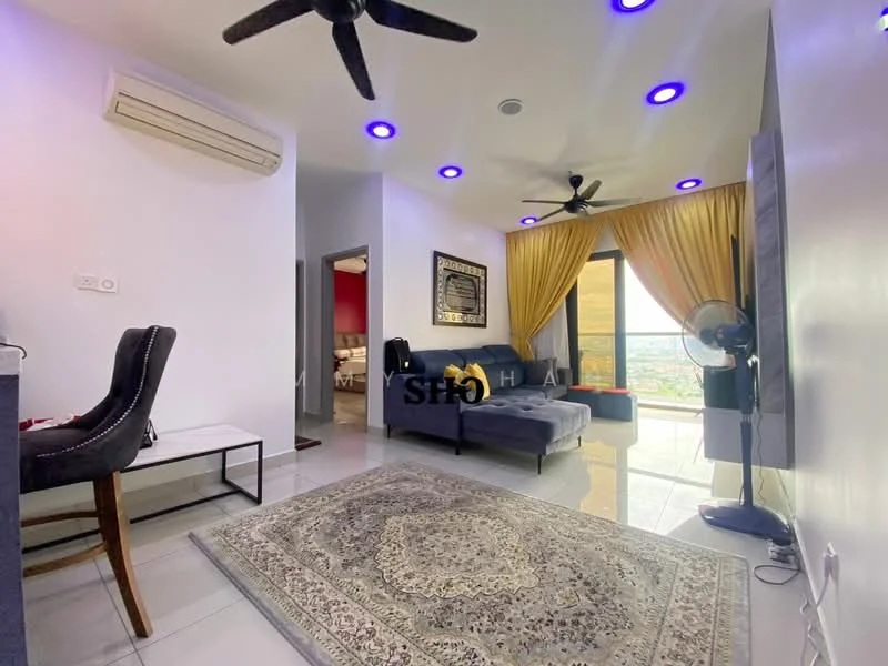 Living features: grey fabric sofa, 3-blade ceiling fan, recessed LED downlights, floor-to-ceiling windows, yellow curtains, white painted walls, polished tile flooring, decorative area rug with intricate pattern, wall-mounted air conditioning unit; style: modern; view: city.