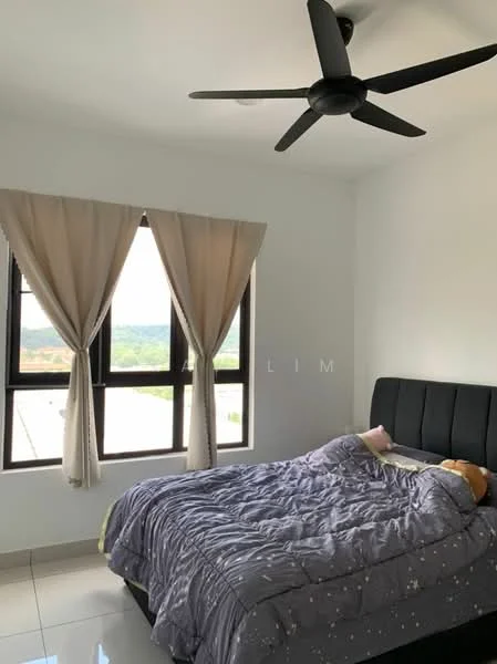 Bedroom features: queen-size bed, upholstered headboard, grey bedding, 5-blade ceiling fan, floor-to-ceiling windows, sheer curtains, white painted walls, glossy tile flooring; style: modern; view: garden.