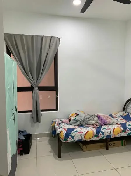 Bedroom features: single bed with colorful bedding, grey curtain, floor-to-ceiling window, white painted walls, glossy tile flooring, ceiling fan, built-in wardrobe, box storage under bed; style: modern.