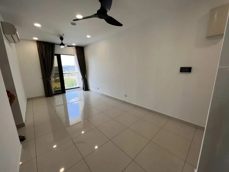 Living features: white painted walls, glossy ceramic tile flooring, 5-blade ceiling fan with light, floor-to-ceiling windows, sliding glass door, curtains, air conditioning unit, wall-mounted control panel; style: modern; view: city.