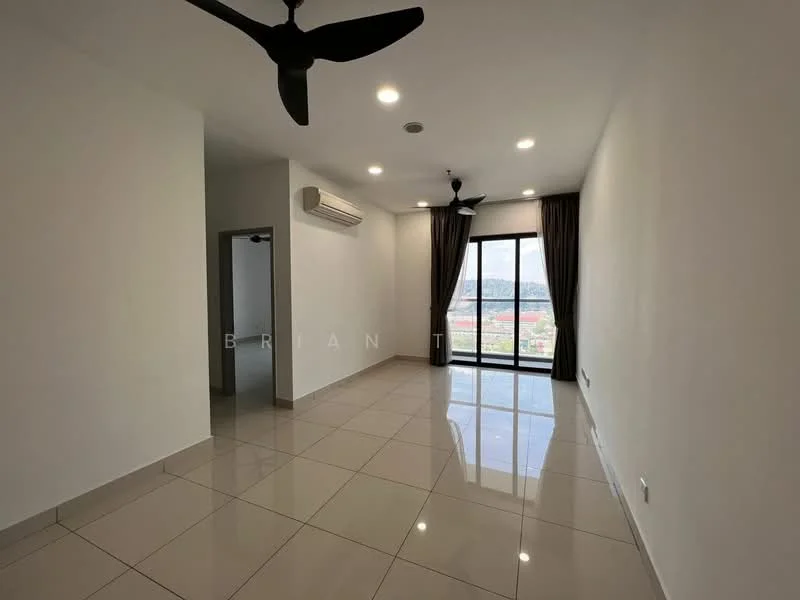 Living features: white painted walls, glossy ceramic tile flooring, 5-blade ceiling fan with light, recessed LED downlights, floor-to-ceiling windows, blackout curtains, air conditioning unit, city view; style: modern; view: city.