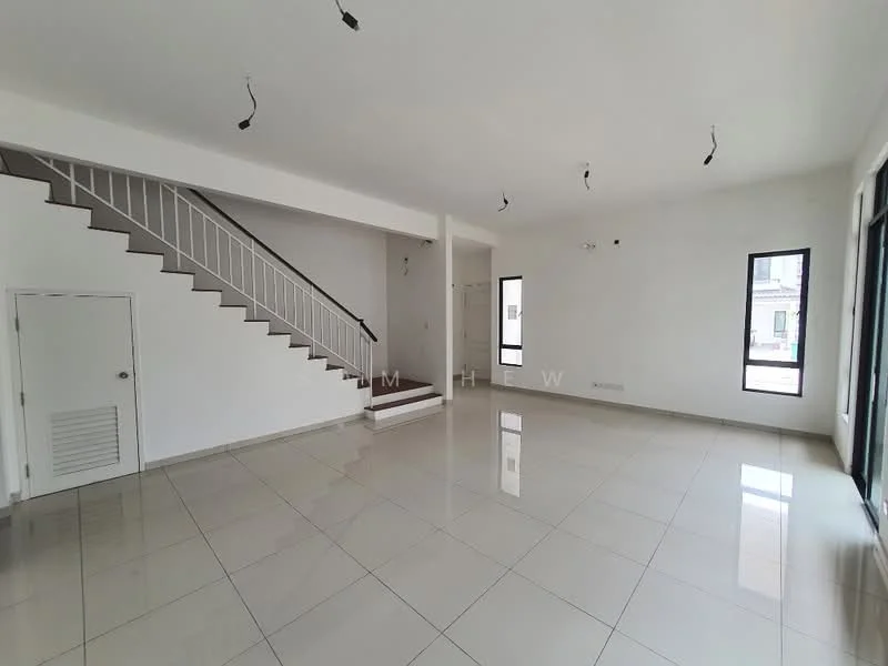 Living features: white painted walls, glossy ceramic tile flooring, large floor-to-ceiling windows, sliding glass door, staircase with white railing, recessed downlights, open layout, no visible furniture; style: modern.