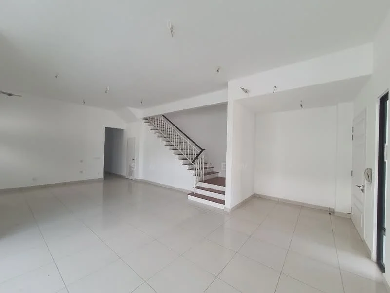 Room features: white painted walls, tile flooring, staircase with white railing, recessed downlights, open layout, large windows, no visible furniture, neutral color scheme; style: modern.