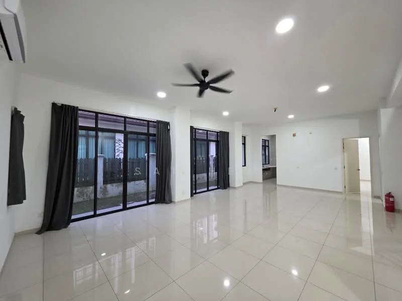 Living features: white painted walls, glossy ceramic tile flooring, 5-blade ceiling fan, floor-to-ceiling windows, sliding glass door, grey curtains, recessed downlights, open layout, access to outdoor area; style: modern; view: garden.