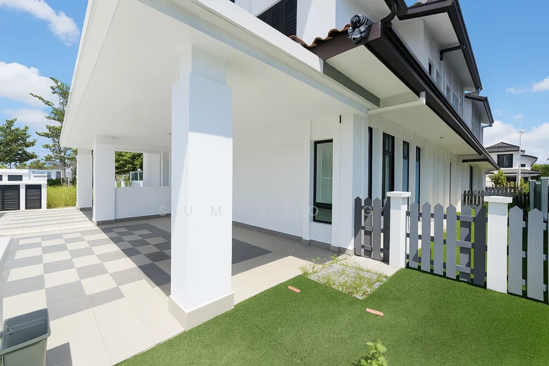 Exterior type: detached bungalow; features: white painted facade, flat roof, manicured lawn, paved walkway, fenced yard, outdoor patio area, large windows, surrounded by greenery; style: modern.
