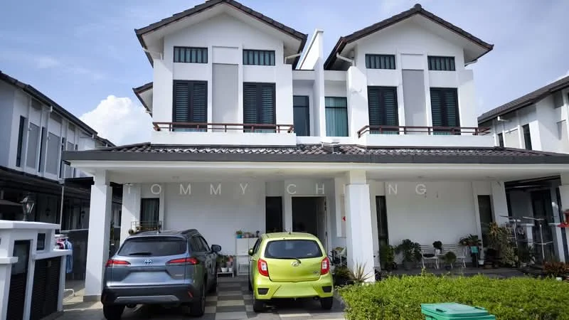 Exterior type: semi-detached house; features: two-storey structure, white painted facade, gabled roof, horizontal louvered windows, front porch with tiled flooring, manicured lawn, potted plants, two parked cars, driveway with interlocking pavers, balconies on upper floor; style: modern.