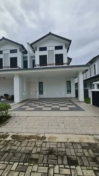 Exterior type: semi-detached house; features: two-storey structure, white painted facade, black window frames, gabled roof, checkerboard patterned driveway, manicured lawn, paved walkway, front porch, balcony on upper floor, surrounded by greenery; style: modern.