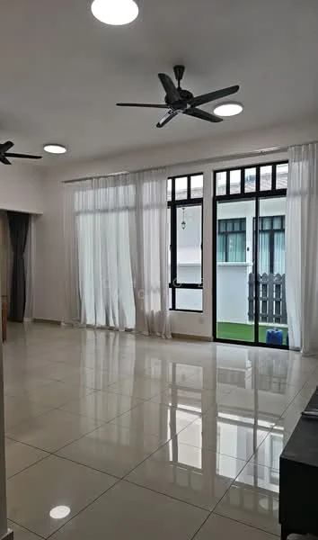 Living features: white painted walls, glossy ceramic tile flooring, 5-blade ceiling fan with light, recessed LED downlights, floor-to-ceiling windows, sheer curtains, sliding glass door, greenery view, open layout, decorative wall panel, neutral color palette; style: modern; view: garden.